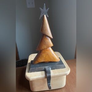Pier One Rustic Wood Christmas Tree & Cast Iron Christmas Stocking Holder